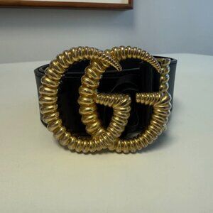 Gucci Black Grained Leather Double G Torchon Womens Belt Size 30x32